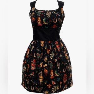 Hemet Rockabilly Pinup Skull Bird Butterfly Snake Tattoo Print Dress Black S
